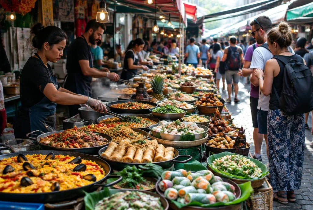 busy street food market with dishes from many countries