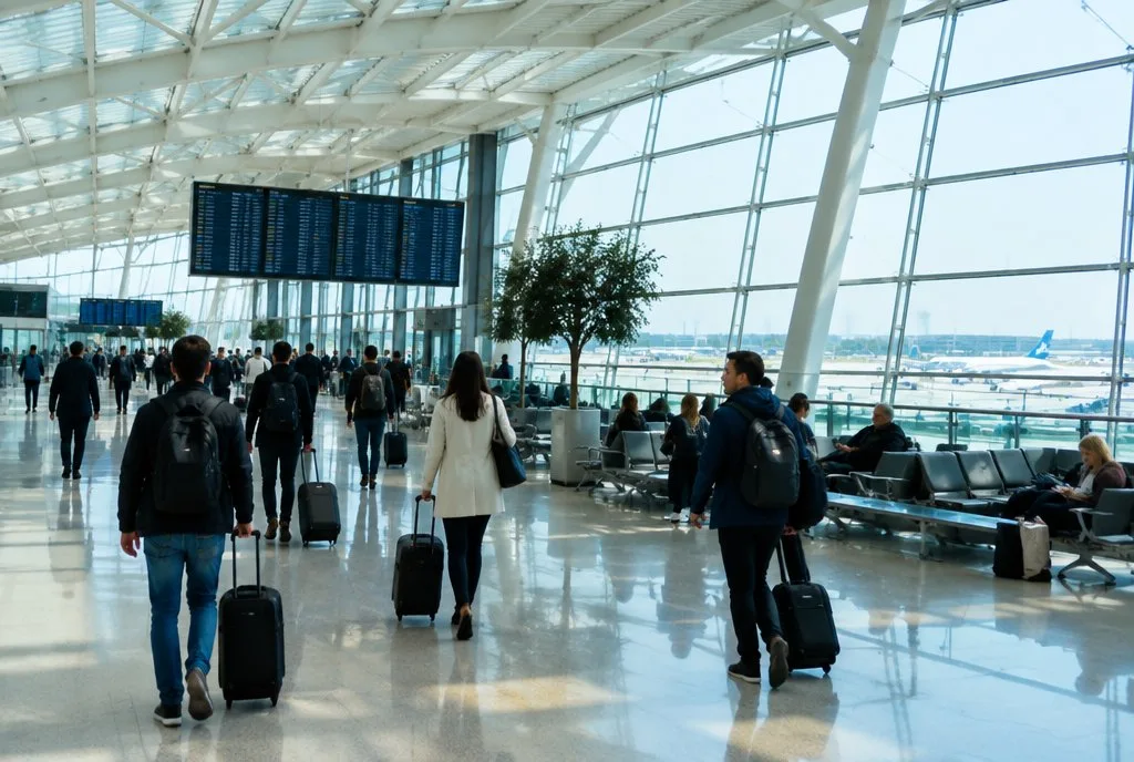 international airport departures hall with travellers